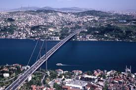 Havadan görünen boğaz köprüsü, deniz ve şehir manzarası