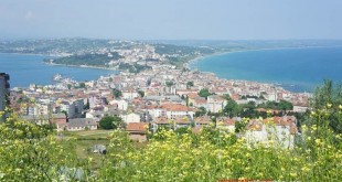 Papatyalı yamaçtan görülen şehir ve mavi deniz koyu