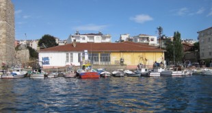 Limanda balıkçı tekneleri ve kıyıdaki eski yapılar