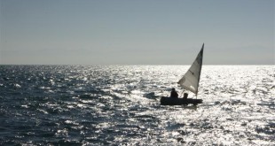 Güneş ışığıyla parlayan denizde yelken açmış küçük tekne