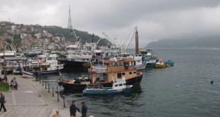 Bulutlu havada balıkçı tekneleriyle dolu liman ve sahil yolu