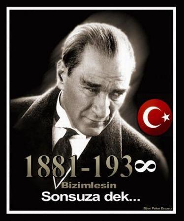 Siyah fonda 1881-1938 yazılı anma afişi ve Türk bayraklı siyah beyaz portre