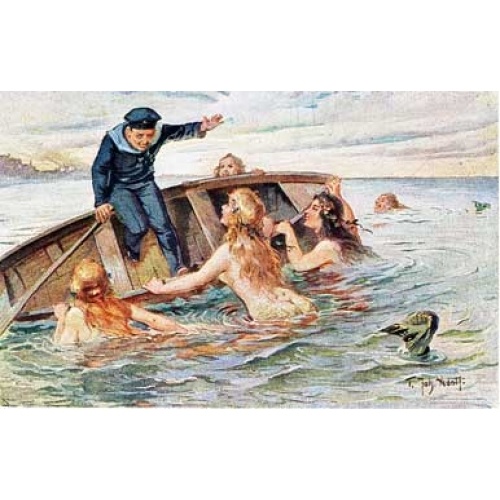 Bir balıkçı ve etrafındaki deniz kızlarını gösteren eski tarzda tablo
