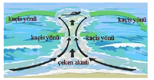 Çeken akıntının ve kaçış yönlerinin gösterildiği deniz şeması