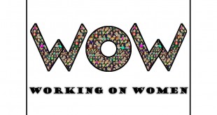 Renkli desenli büyük harflerle Working On Women yazılı logo