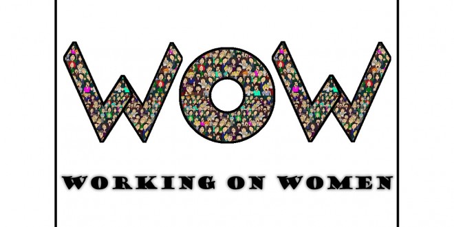 Renkli desenli büyük harflerle Working On Women yazılı logo