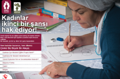 Kadınlar ikinci bir şansı hak ediyor yazılı, çizim yapan kadını gösteren afiş