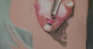 Pastel boyayla yapılmış pembe tonlarında kadın yüzü tablosu