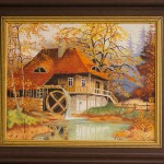 Sonbahar temalı su değirmeni evi tablosu
