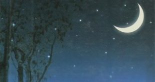 "Gece Sesleri" adlı kitabın ay ışığı altında şemsiyeli figürlü kapağı