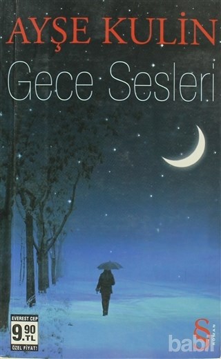 "Gece Sesleri" adlı kitabın ay ışığı altında şemsiyeli figürlü kapağı