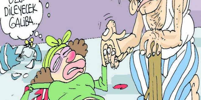 Yaşlı bir adamın yerdeki yaşlı kadının elini tuttuğu, konuşma balonlu karikatür