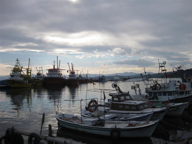 Sinop limanında demirli balıkçı tekneleri ve bulutlu gökyüzü